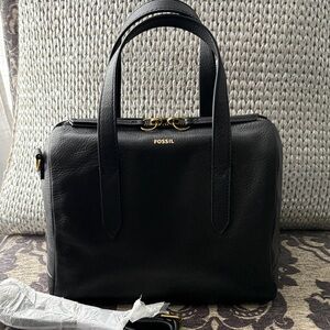 Fossil Black Leather Double-Handle Satchel with Gold Hardware